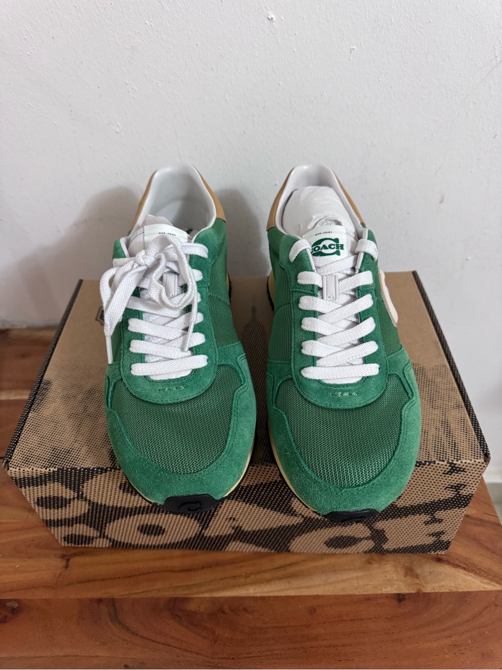 Coach Men’s Green Suede & Mesh Low-Top Sneaker with White Laces